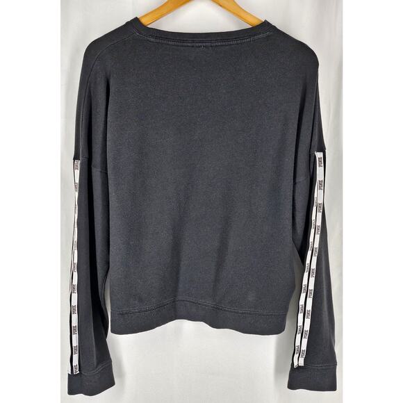 VS PINK VICTORIA'S SECRET BLACK PULLOVER SWEATSHIRT STRIPED SLEEVES SIZE MEDIUM - Picture 2 of 10